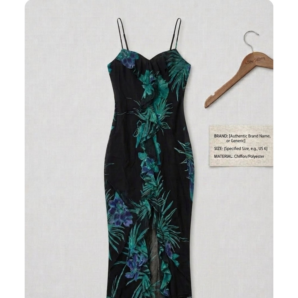 Y2K Vintage Eva Blue Black/Teal Floral Strapless Beaded Chiffon Lined Maxi